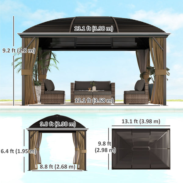 10' x 13' Hardtop Gazebo Canopy with Galvanized Steel Roof, Aluminum Permanent Pavilion Outdoor Gazebo with Top Hook, Netting and Curtains for Garden, Backyard, Brown