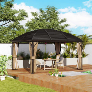 10' x 13' Hardtop Gazebo Canopy with Galvanized Steel Roof, Aluminum Permanent Pavilion Outdoor Gazebo with Top Hook, Netting and Curtains for Garden, Backyard, Brown