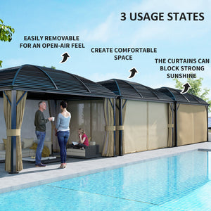 3 x 4m Hardtop Gazebo Canopy with Metal Roof, Aluminium Gazebo Permanent Pavilion with Netting and Curtains, Brown