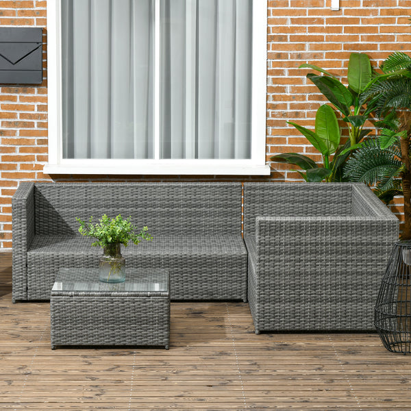 3 Pieces Garden Rattan Furniture Set, 4 Seater Wicker Patio Furniture Outdoor Conversation Set with Loveseats Coffee Table Cushions for Backyard Pool, Grey