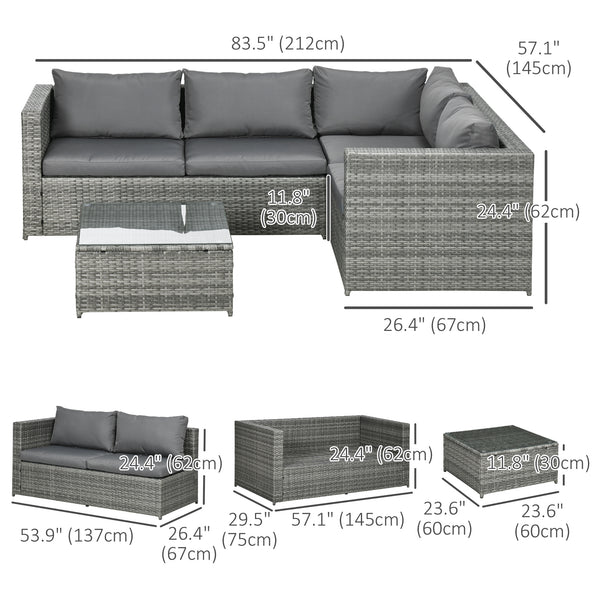 3 Pieces Garden Rattan Furniture Set, 4 Seater Wicker Patio Furniture Outdoor Conversation Set with Loveseats Coffee Table Cushions for Backyard Pool, Grey