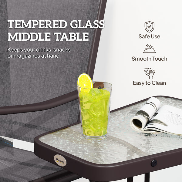 Double Patio Glider Chair with Glass Top Center Table, Outdoor Glider Loveseat with High Back,  All Weather Breathable Mesh Fabric for Garden, Backyard, Deck, Grey
