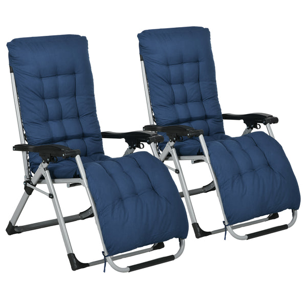 Reclining Zero Gravity Chair with Adjustable Backrest, Folding Garden Sun Lounger with Removable Cushion and Headrest, Set of 2, Dark Blue