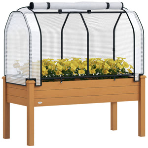 Raised Garden Bed with PE Greenhouse Cover Outdoor Elevated Wood Planter Box for Herbs and Vegetables, Use for Patio, Backyard, Balcony, 48 x 22 x 46 inch, Sand