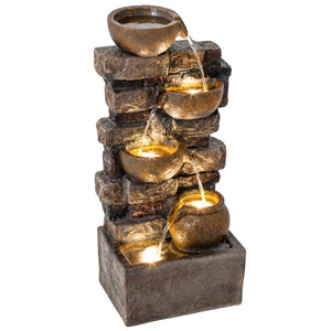 28" Outdoor Fountain with 5-Tier Rustic Jugs and Rock, Cascading Waterfall with LED Lights, Adjustable Flow, Resin Freestanding Garden Fountain for Garden Patio, Rustic Brown