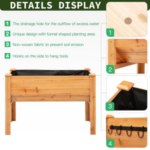 Raised Garden Bed with Hooks, 660lb Capacity Wood Elevated Planter Box with Water Draining and Liner, Funnel Design for Vegetable, Herbs, Flower, 48" x 24" x 32", Natural