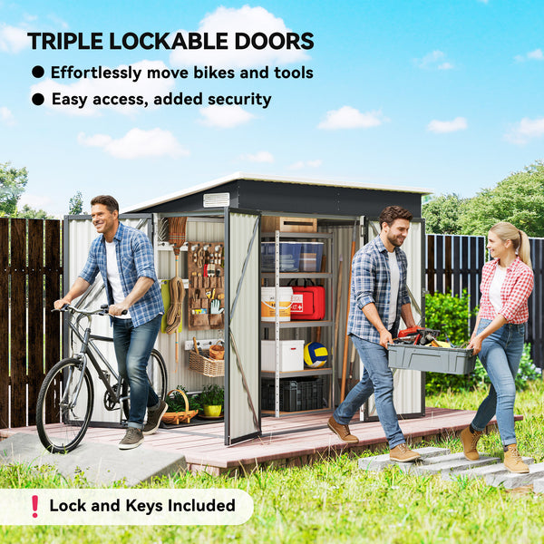 7.5' x 4.3' Outdoor Storage Shed, Waterproof Metal Garden Shed with Gloves, Lockable Doors, Vents and Pitched Roof for Backyard, Patio, Lawn, Poolside, Dark Grey