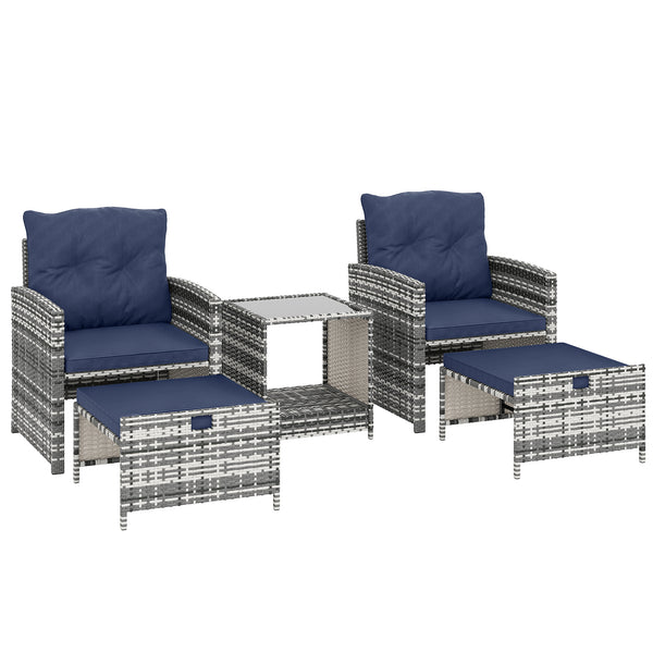 5 Piece Patio Furniture Set, Wicker Patio Chairs with Ottomans, 2-Tier Glass Coffee Table, Cushions, Outdoor Patio Furniture Conversation Set for Balcony, Grey/Dark Blue