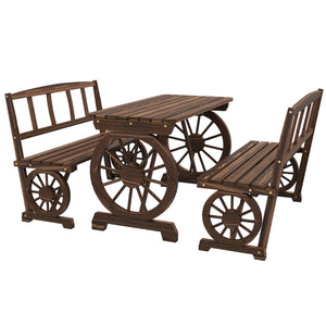 Outdoor Table and Chairs for 4 People, Wooden Patio Table and Dining Bench Set, 3 Piece All Weather Furniture Set with Wagon Wheel Design for Backyard Garden, Deck, Carbonized
