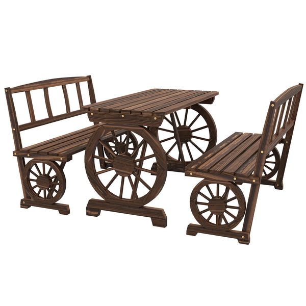 Outdoor Table and Chairs for 4 People, Wooden Patio Table and Dining Bench Set, 3 Piece All Weather Furniture Set with Wagon Wheel Design for Backyard Garden, Deck, Carbonized