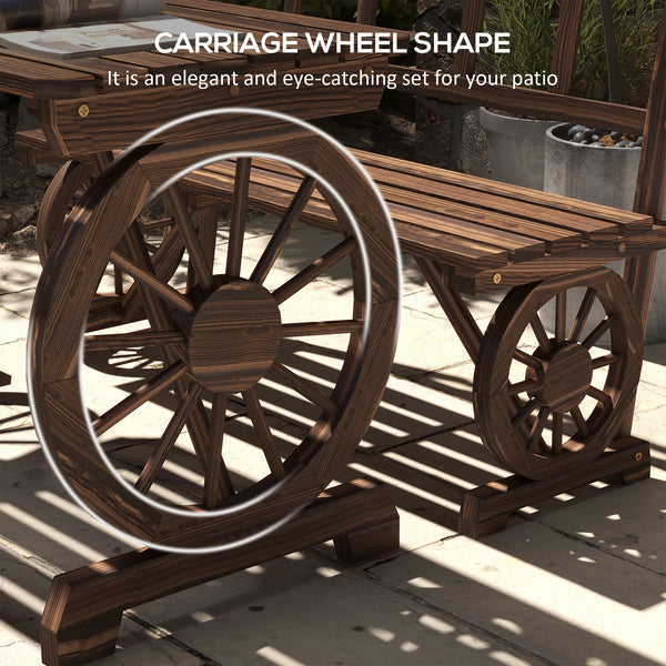 Outdoor Dining Set for 4 People, Wooden 3-Piece Carriage Wheels Design Outdoor Table and Chairs Rustic Style for Porch, Backyard, Balcony, Poolside, Carbonized