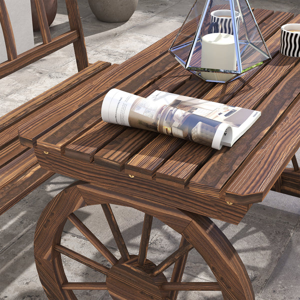 Outdoor Table and Chairs for 4 People, Wooden Patio Table and Dining Bench Set, 3 Piece All Weather Furniture Set with Wagon Wheel Design for Backyard Garden, Deck, Carbonized