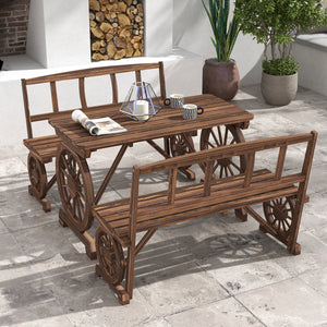 Outdoor Table and Chairs for 4 People, Wooden Patio Table and Dining Bench Set, 3 Piece All Weather Furniture Set with Wagon Wheel Design for Backyard Garden, Deck, Carbonized