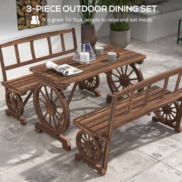 Outdoor Dining Set for 4 People, Wooden 3-Piece Carriage Wheels Design Outdoor Table and Chairs Rustic Style for Porch, Backyard, Balcony, Poolside, Carbonized