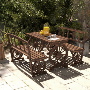 Outdoor Dining Set for 4 People, Wooden 3-Piece Carriage Wheels Design Outdoor Table and Chairs Rustic Style for Porch, Backyard, Balcony, Poolside, Carbonized