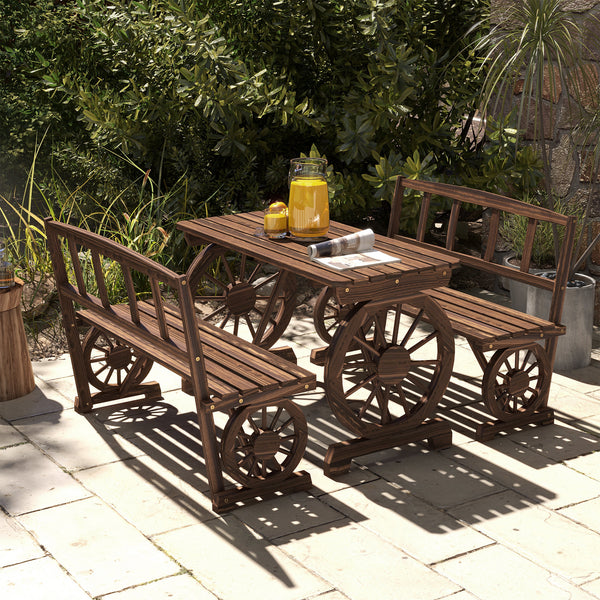 Outdoor Table and Chairs for 4 People, Wooden Patio Table and Dining Bench Set, 3 Piece All Weather Furniture Set with Wagon Wheel Design for Backyard Garden, Deck, Carbonized