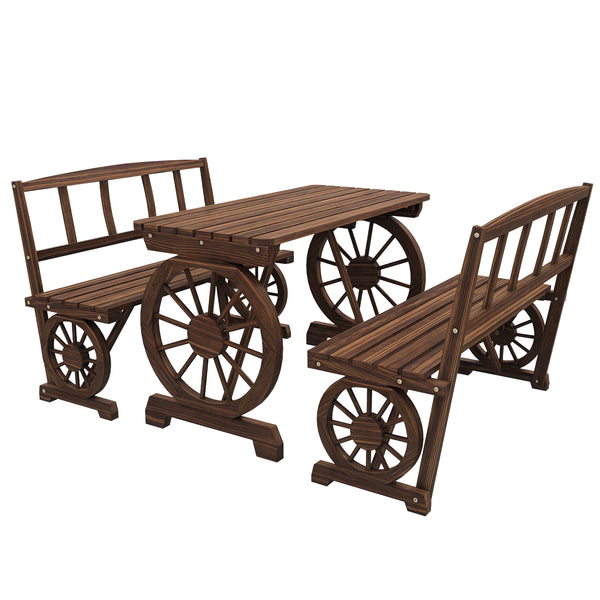Outdoor Table and Chairs for 4 People, Wooden Patio Table and Dining Bench Set, 3 Piece All Weather Furniture Set with Wagon Wheel Design for Backyard Garden, Deck, Carbonized