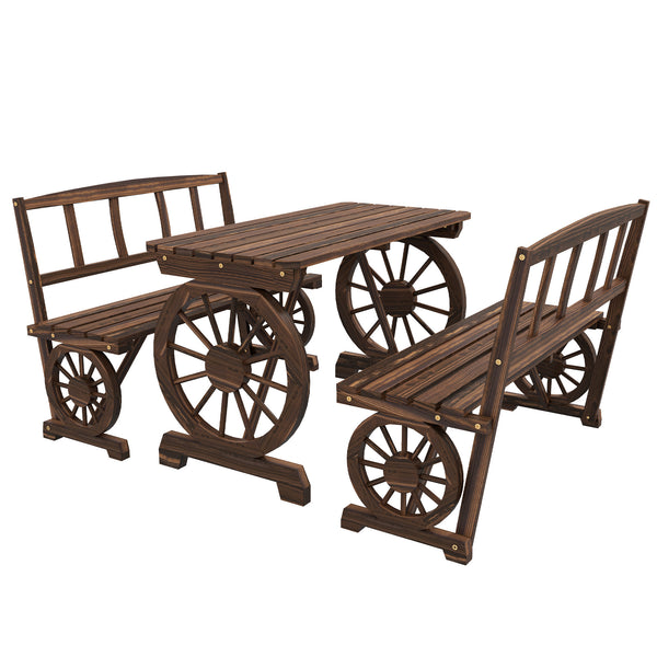 Outdoor Table and Chairs for 4 People, Wooden Patio Table and Dining Bench Set, 3 Piece All Weather Furniture Set with Wagon Wheel Design for Backyard Garden, Deck, Carbonized