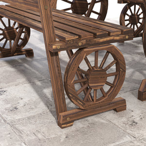 Outdoor Table and Chairs for 4 People, Wooden Patio Table and Dining Bench Set, 3 Piece All Weather Furniture Set with Wagon Wheel Design for Backyard Garden, Deck, Carbonized