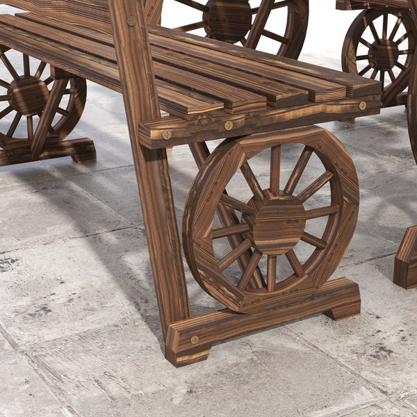 Outdoor Table and Chairs for 4 People, Wooden Patio Table and Dining Bench Set, 3 Piece All Weather Furniture Set with Wagon Wheel Design for Backyard Garden, Deck, Carbonized