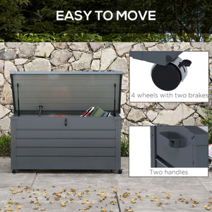 82 Gallon Garden Storage Box, Waterproof Outdoor Storage Container with Wheels and Handles, Lockable Galvanised Steel Outside Deck Box for Tools, Cushions, Dark Grey