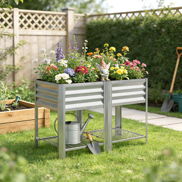 Galvanized Steel Raised Garden Bed, Elevated Planter Box with Legs and Storage Shelf, Raised Planter for Vegetables, Flowers, Herbs, for Outdoor, Patio, Yard, Silver