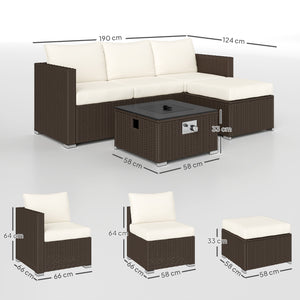 5 Piece Rattan Garden Furniture Set with Gas Fire Pit Table, 4 Seater Outdoor Sectional Sofa Set with Footstool and Removable Cushions, Modular Combination, Brown and Cream White