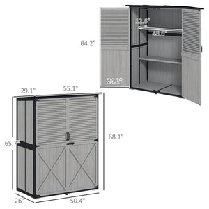 Outdoor Storage Cabinet, Wood Garden Tool Shed with Lock, Steel Frame and Asphalt Roof, Garden Storage Shed with Adjustable Shelves and Feet for Patio Backyard Lawn, Gray