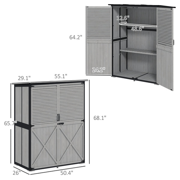Outdoor Storage Cabinet, Wood Garden Tool Shed with Lock, Steel Frame and Asphalt Roof, Garden Storage Shed with Adjustable Shelves and Feet for Patio Backyard Lawn, Gray