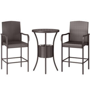 3 Pieces Patio Bar Set Rattan Bistro Table and High Chairs Garden Wicker Outdoor Conversation Furniture Set with Ice Bucket, Dark Brown