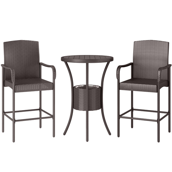 3 Pieces Patio Bar Set Rattan Bistro Table and High Chairs Garden Wicker Outdoor Conversation Furniture Set with Ice Bucket, Dark Brown