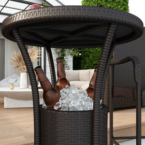 3 Pieces Patio Bar Set Rattan Bistro Table and High Chairs Garden Wicker Outdoor Conversation Furniture Set with Ice Bucket, Dark Brown