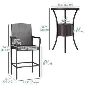 3 Pieces Patio Bar Set Rattan Bistro Table and High Chairs Garden Wicker Outdoor Conversation Furniture Set with Ice Bucket, Dark Brown
