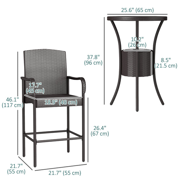3 Pieces Patio Bar Set Rattan Bistro Table and High Chairs Garden Wicker Outdoor Conversation Furniture Set with Ice Bucket, Dark Brown