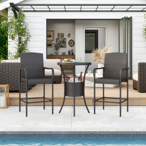 3 Pieces Patio Bar Set Rattan Bistro Table and High Chairs Garden Wicker Outdoor Conversation Furniture Set with Ice Bucket, Dark Brown