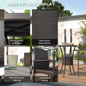 3 Pieces Patio Bar Set Rattan Bistro Table and High Chairs Garden Wicker Outdoor Conversation Furniture Set with Ice Bucket, Dark Brown