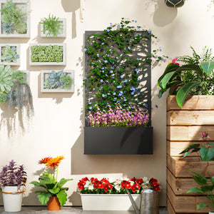 Metal Raised Garden Bed with Trellis for Climbing Plants, Freestanding or Wall Mounted Flower Bed with Privacy Panel, Leaves Cut-Outs Outdoor Planter Box for Garden, Patio, Balcony
