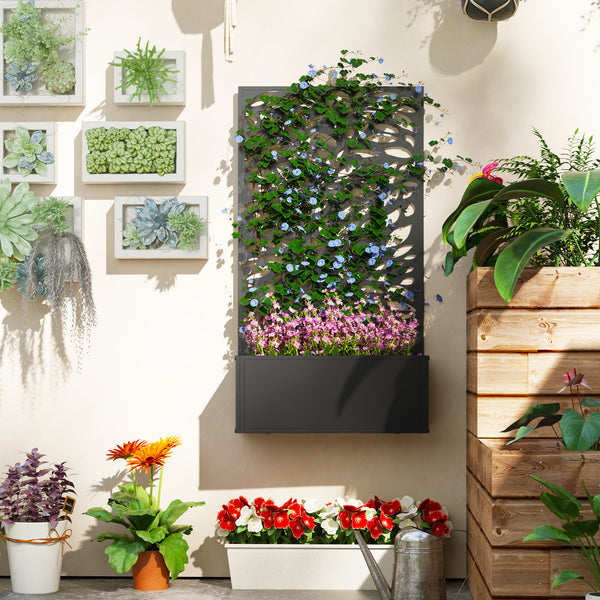 Metal Raised Garden Bed with Trellis for Climbing Plants, Freestanding or Wall Mounted Flower Bed with Privacy Panel, Leaves Cut-Outs Outdoor Planter Box for Garden, Patio, Balcony