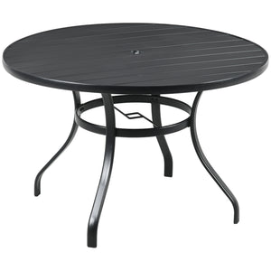 Garden Table with Parasol Hole, Outdoor Dining Garden Table for Four Persons, Round Patio Table with Slatted Metal Top, Black