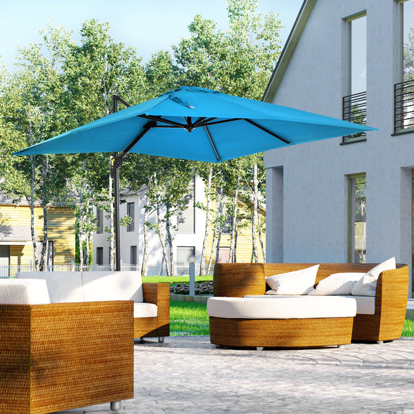 8' x 8' Square Patio Hanging Offset Umbrella with 360° Rotation, Aluminum Outdoor Cantilever Parasol with Crank & Tilt, Sun Canopy Shelter with Cross Base, Turquoise