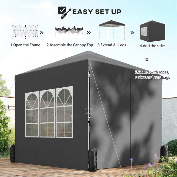 8.2 x 8.2 ft Pop Up Canopy Tent with 4 Sidewalls, UPF 50+ Easy Setup Outdoor Instant Canopy Portable Shelter with 4 Sandbags, Carry Bag, Adjustable Height, Dark Grey
