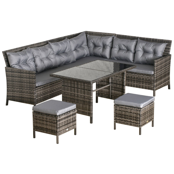 6 Pieces Patio Dining Set Wicker Outdoor Furniture Set Garden Rattan Sofa Set Outdoor Sectional Couch with Cushions, Dining Table and Ottomans, Grey