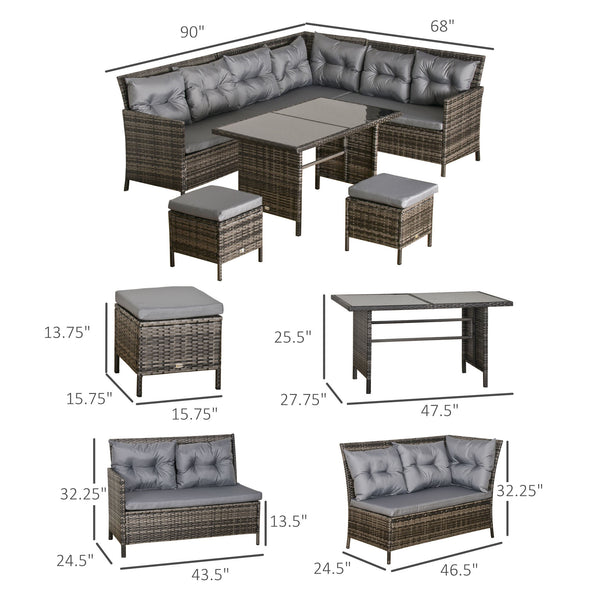 6 Pieces Patio Dining Set Wicker Outdoor Furniture Set Garden Rattan Sofa Set Outdoor Sectional Couch with Cushions, Dining Table and Ottomans, Grey