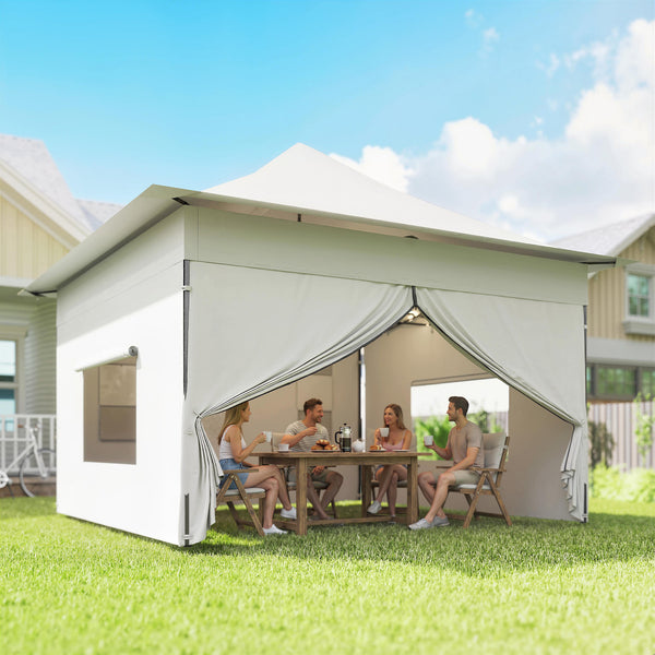 12 x 12 ft Pop Up Canopy Tent with Peak Top, UPF 50+ 420D Fabric, Outdoor Instant Portable Canopy Shelter with Sidewalls, Side Pockets, Wheeled Carry Bag, Sandbags, Silver