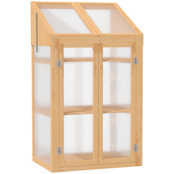 Wooden Cold Frame Polycarbonate Greenhouse with Openable Top Cover and Double Door, Grow House for Flower, Vegetable and Plants, 70 x 50 x 120cm, Grey