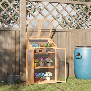 Wooden Cold Frame Polycarbonate Greenhouse with Openable Top Cover and Double Door, Grow House for Flower, Vegetable and Plants, 70 x 50 x 120cm, Grey