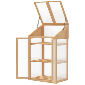 Wooden Cold Frame Polycarbonate Greenhouse with Openable Top Cover and Double Door, Grow House for Flower, Vegetable and Plants, 70 x 50 x 120cm, Grey