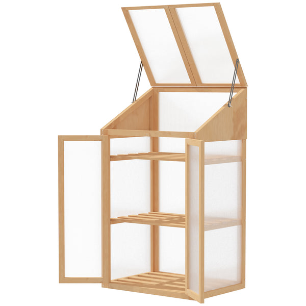 Wooden Cold Frame Polycarbonate Greenhouse with Openable Top Cover and Double Door, Grow House for Flower, Vegetable and Plants, 70 x 50 x 120cm, Grey