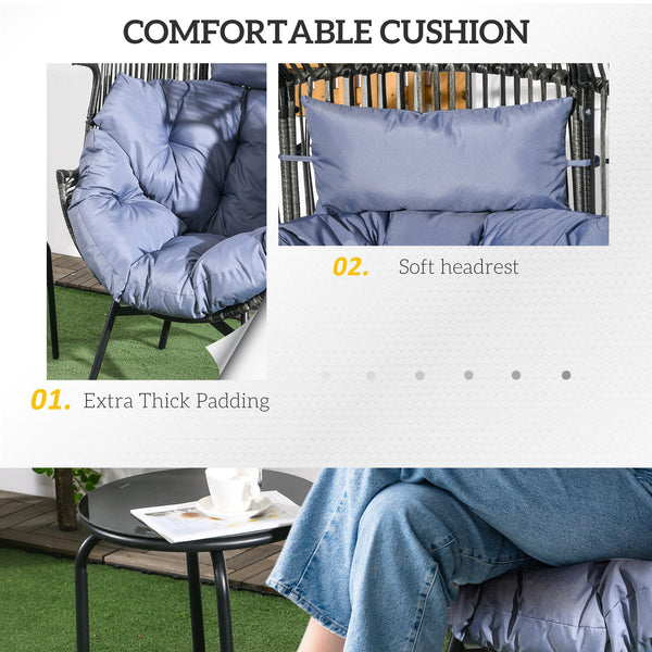 Garden Egg Chair with 14cm Thick Seat Cushion, PE Rattan Leisure Chair with Comfortable Headrest, Adjustable Feet, Steel Frame, Mixed Grey