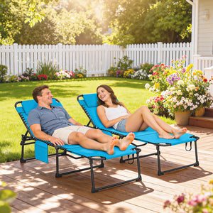 2 Piece Folding Chaise Lounge with 5-level Reclining Back, Tanning Chair with Face Hole, Outdoor Lounge Chair with Side Pocket & Headrest for Beach, Yard, Patio, Blue